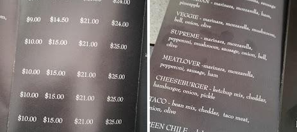 Day's Pizza Menu